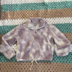 Como Vintage Purple White Tie Dye Fleece Pullover Sweater Shirt Womans sz Medium
